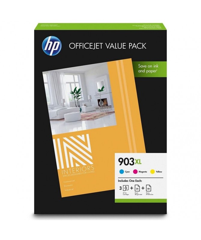 pul li3 cartuchos de tinta gran capacidad HP 903XL de cian magenta amarillo 50 hojas A4 HP all in one 80 g y 25 hojas de tamano pul li3 cartuchos de tinta gran capacidad HP 903XL de cian magenta amarillo 50 hojas A4 HP all in one 80 g y 25 hojas de tamano