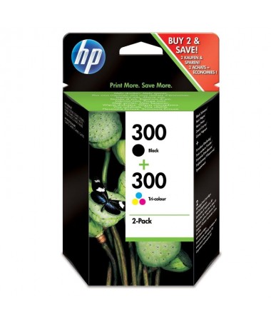 pEl paquete combinado de cartuchos de tinta tricolor y negra HP 300 imprime documentos de texto de calidad laser e imagenes que